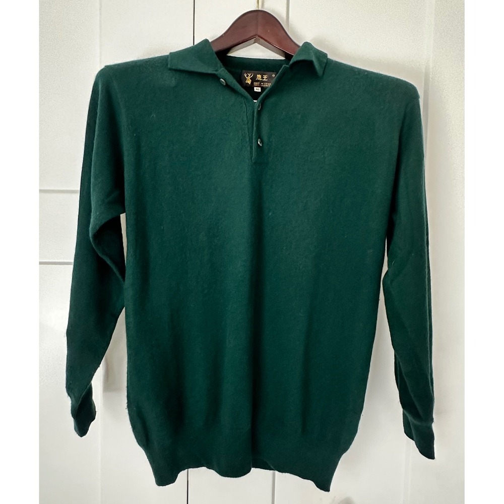 King Deer 100% Cashmere Polo Sweater Mens 40 Forest Green‎ Long Sleeve Pullover